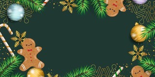 绿色边框姜饼人铃铛圣诞节矢量展板背景